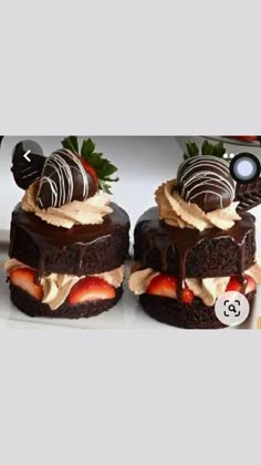 three chocolate cakes with strawberries on top