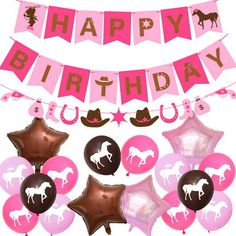 pink and brown birthday decorations with horse balloons