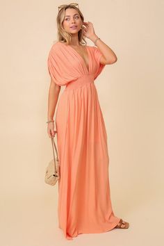 From vacation to a casual occasion, this versatile solid maxi sundress is spring perfection! Dress features short sleeves with a slight plunging neckline . Elastic smocking at waist for a perfect fit and comfort. Tie detail on back. Recommended Sizing. 2-4 S, 6 -8 M, 10-12 L Long Dress Casual Summer, Spring Vacation, Maxi Sundress, Short Sleeve Maxi Dresses, Maxi Robes, Romper Dress, Casual Summer Dresses, Maxi Dress With Sleeves, Sheer Fabrics