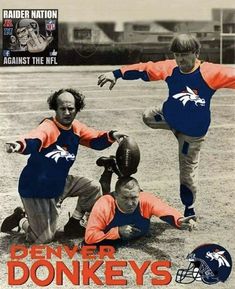 an advertisement for the denver football team featuring three young boys in orange and blue uniforms