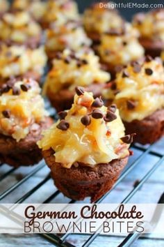 german chocolate brownie bites on a cooling rack