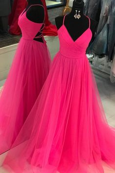 V Neck A-line Hot Pink Long Prom Dress with Lace-up Back Hot Pink Prom Dresses, Backless Prom Dress, Simple Prom Dress Long, Dresses Graduation, Prom Dresses Long Pink, Winter Formal Dresses, Simple Prom Dress, Tulle Evening Dress, Homecoming Dresses Long