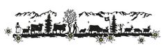 a black and white drawing of animals in the woods with mountains behind them, on a white background