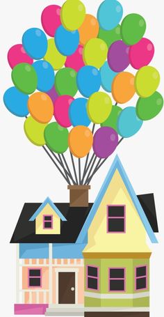 a house with balloons flying over it on the roof and in the front, there is a