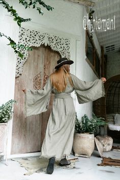 Bohemian Floor-length Kimono For Spring, Spring Bohemian Floor-length Kimono, Bohemian Floor-length Spring Kimono, Bohemian Wedding Kimono Maxi Length, Bohemian Linen Loungewear Dresses, Elegant Maxi Length Kimono For Festivals, Bohemian Wedding Robe With Kimono Sleeves, Elegant Maxi Length Festival Kimono, Bohemian Floor-length Wedding Kimono