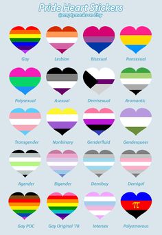 the rainbow heart stickers are arranged in different colors