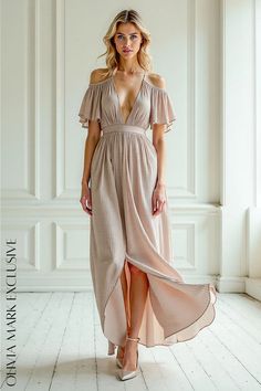 Olivia Mark - Elegant Cold-Shoulder Blush Pink Maxi Dress with Ruffled Sleeves and Deep V-Neckline Wedding Dresscode, Blush Pink Maxi Dress, Ethereal Gown, Pink Maxi, Beneath The Surface, Pink Maxi Dress, Ruffled Sleeves, Cinched Waist, Olivia Mark