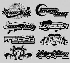 several different logos and emblems for various types of sports teams in black and white