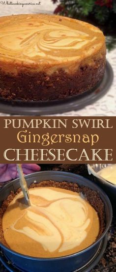 pumpkin swirl ginger snap cheesecake is shown in two pans with the same topping