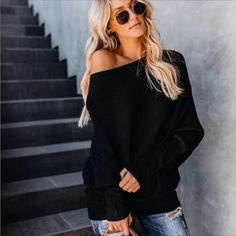 Black Knit Off Shoulder Tops Shirt Pullover Casual Basic Lounge Loose Fit Fall Sweaters For Women, Off Shoulder Shirt, Black Off Shoulder, Cozy Tops, Shoulder Tops, Shoulder Shirts, Casual Black, Loose Tops, Off Shoulder Tops