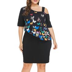 Plus Size Cold Shoulder Butterfly Women Pattern Dress - Black - 3T82230016 - Women's Clothing  #WomensClothing #Women's #Clothing Butterfly Overlay, Butterfly Pattern Dress, Summer Dress Trends, Printed Prom Dresses, Butterfly Print Dress, Print Chiffon Dress, Printed Dress Shirts, Plus Size Bodycon Dresses, Plus Size Bodycon