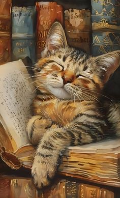 a painting of a cat laying on top of a pile of books with its eyes closed