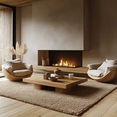 a living room with two chairs and a coffee table in front of a fire place