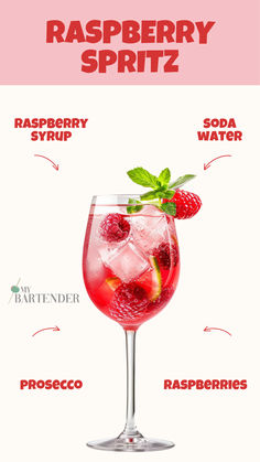 Raspberry Spritz Prosecco Raspberry Cocktails, Pink Spritz Cocktail, Spritz Recipes Alcohol, Cute Cocktail Recipes, Easy Coctails, Easy Non Alcoholic Drinks, Easy Drinks Alcohol Recipes, Prosecco Cocktails Easy, Spritz Recipes