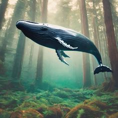 a humpback whale swims through the forest