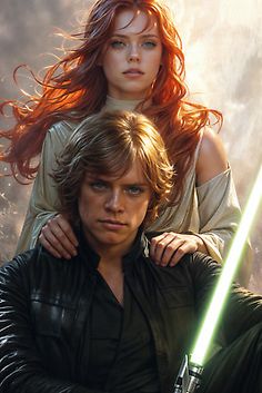 the poster for star wars is shown with two young people, one holding a lightsabe