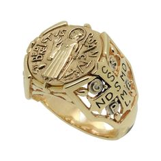 "Solid 14k Gold Handmade Christian Roman Catholic Saint Benedict style men's ring. Christians used St. Benedict symbol (medal) due to the belief in its power against evil \"devil-chasing medal\" Original unique design with beautiful details and amazing art work Rare piece, top quality, best craftsmanship, handmade Excellent new condition, very heavy, stamped 14K, 585 Intricately detailed lines and antique, rustic finish all around 18-19 grams pure 14K gold Top dimensions 20 mm. Top of ring featu Symbolic 14k Stamped Signet Ring Collectible, Symbolic Signet Ring For Commemoration, Symbolic Hallmarked Signet Ring For Commemoration, Symbolic Yellow Gold Signet Ring For Commemoration, Gold Symbolic Signet Ring For Commemoration, Gold Mens Ring, Yellow Gold Mens Rings, Catholic Saint, St Benedict