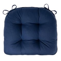 the seat cushion is blue and has ties on one end, and two ends at the back