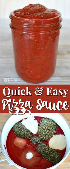 quick and easy pizza sauce in a jar with the title overlay that reads quick and easy pizza sauce