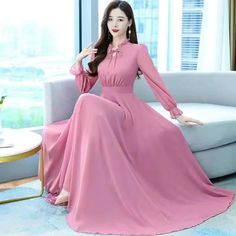 Solid Chiffon Long Sleeve Dress Women Evening Party Maxi Dresses 2024 New Spring Autumn Elegant Simple Long Dresses, Beach Midi Dress, Maxi Dress Spring, Pink Long Sleeve Dress, Long Sleeve Chiffon Dress, Solid Maxi Dress, Chic Maxi Dresses, Spring Maxi Dress, Women Long Sleeve Dress