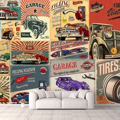 a living room filled with furniture and wallpaper covered in vintage cars on it's walls