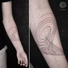 two different views of a person's arm with an abstract tattoo design on it