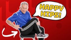 an old man is sitting on a chair with his legs crossed and the words happy hips above him