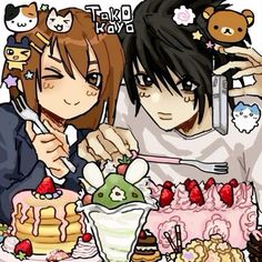 two people sitting at a table with cakes and desserts on the table in front of them