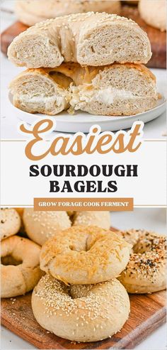 several different types of bagels stacked on top of each other with the words easyest sourdough bags