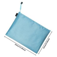 an image of a blue bag hanging from the side with measurements for it to be placed on