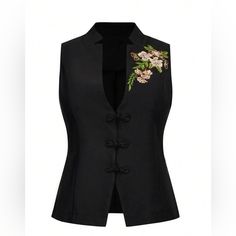 Black Sxy Plus Floral Embroidery Frog Button Front Vest Blazer Elegant Black Tops With Floral Embroidery, Black Waistcoat, Elegant Black Embroidered Tops, Embroidered Vest, Blazer Sleeveless, Vest Blazer, Embroidery Blazer, Womens Vest, Vest Ideas