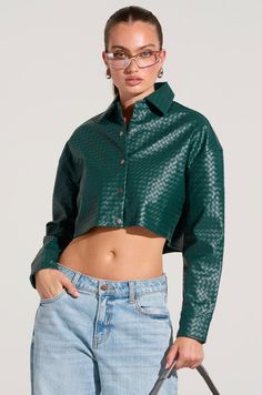 LUXURY GIRL WOVEN PU CROPPED SHIRT IN GREEN Trendy Fitted Green Cropped Jacket, Trendy Green Crop Top For Fall, Trendy Cropped Shirt For Fall, Chic Green Crop Top For Fall, Green Cropped Jacket For Spring, Luxury Girl, Cropped Shirt, Wide Leg Denim, Crop Shirt