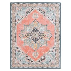 an orange and blue rug with ornate designs on the bottom, in front of a white background