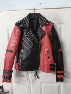 Heartless Asylum Harley Quinn Studded Red and Black Costume Biker Leather Jacket on Storenvy Harley Quinn Jacket, Black Leather Jacket Men, Biker Leather Jacket, Black Costume, Studded Jacket, Harley Quinn Cosplay, Biker Leather, Edgy Outfits, Workout Jacket