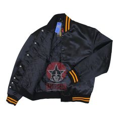 Black & Gold Satin Varsity Baseball Jacket – Battlestar Clothing and Gears Co Black Satin Long Sleeve Outerwear, Winter Satin Long Sleeve Outerwear, Fitted Satin Outerwear For Fall, Black Satin Outerwear For Fall, Satin Varsity Jacket, School Sweater, Baseball Varsity Jacket, Year Of The Tiger, Gold Satin