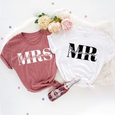 two t - shirts that say mrs and mr on them next to some confetti