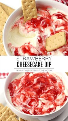 strawberry cheesecake dip in a white bowl with crackers on the side and an image of