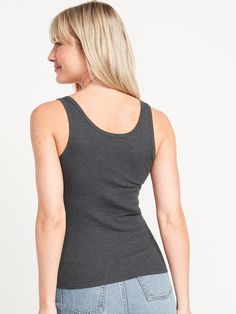 scoop neck sleeveless fitted hits below waist models are approx.  5'9" and wear sizes s (4), l (12) and xl (18) Fitted Ribbed Tank Top With Scoop Back, Fitted Sleeveless Tank Top Casual, Fitted Sleeveless Casual Tank Top, Casual Stretch Tank Top With Scoop Back, Casual Scoop Neck Seamless Camisole, Casual Tank Top With Scoop Back And Seamless Construction, Fitted Seamless Tank Top For Everyday, Casual Cotton Tank Top With Scoop Back, Stretch Gray Cotton Tank Top