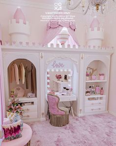 a pink princess bedroom with a castle bed and dressing table in the corner is also a desk