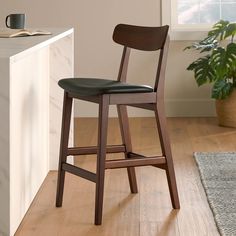 Ecole Black Leather & Walnut Stain Solid Wood Mid-Century Counter Stool | Article Midnight Oil, Childhood Stories, Curved Back, Walnut Stain, Dining Bar, Dining And Kitchen, Counter Stool