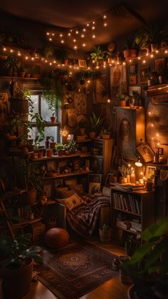 a room filled with lots of plants and lights