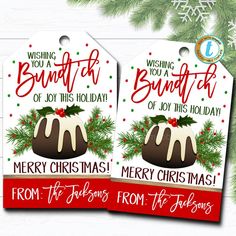 two christmas gift tags with the words, wishing you a bunch of joy this holiday