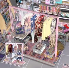 an image of a store display with clothes and shoes on the shelves in front of it