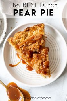 a piece of pie on a plate with caramel sauce