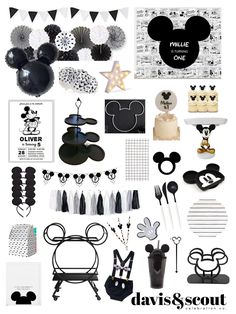 mickey mouse party supplies including cake, napkins, and cupcake toppers are shown in black and white