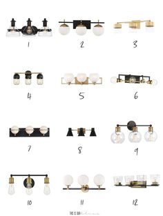 an image of bathroom lighting fixtures in different styles and colors, including the light fixture