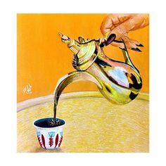 a painting of someone pouring water into a cup