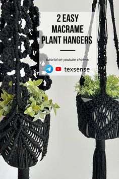 two macrame plant hangers with plants in them and text that reads, 2 easy macrame plant hangers