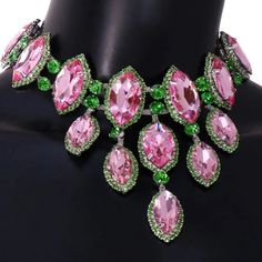 Beautiful Pink And Green Rhinestone Necklace In Silver Color Setting. New Never Worn. Green Crystal Necklace, Colourful Living Room Decor, Good Jewelry, Queen Jewelry, Colourful Living Room, Necklace Fashion, Green Crystal, Rhinestone Necklace, Green Crystals