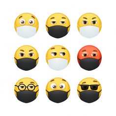 six different emoticions wearing face masks